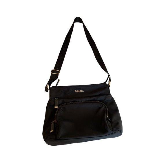 Vintage Calvin Klein Purse Long Adjustable Strap Logo Crossbody Bag Black Zipper